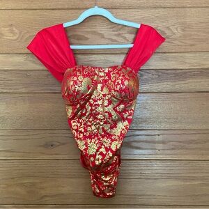 Vintage 80s high cut cheeky red and gold Spunk made in Jamaica one piece swimsui